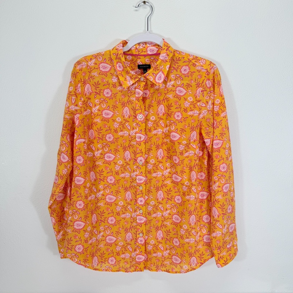 Talbots Vibrant Orange Floral Paisley Cotton Lightweight Button Down Blouse M